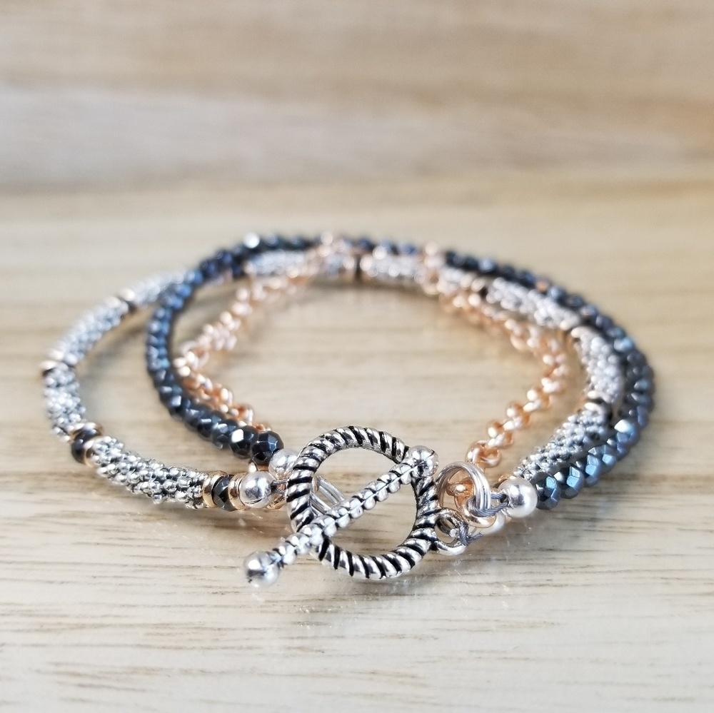 Three Row Beaded Hematite Bracelet on Toggle - Picture 4 of 8